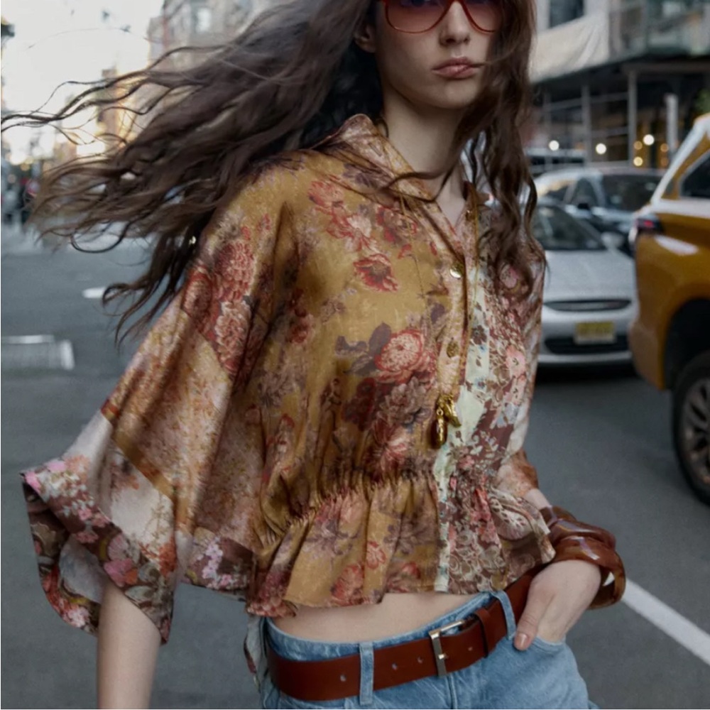 Zara Floral Satin Crop Blouse in Mustard and Pink